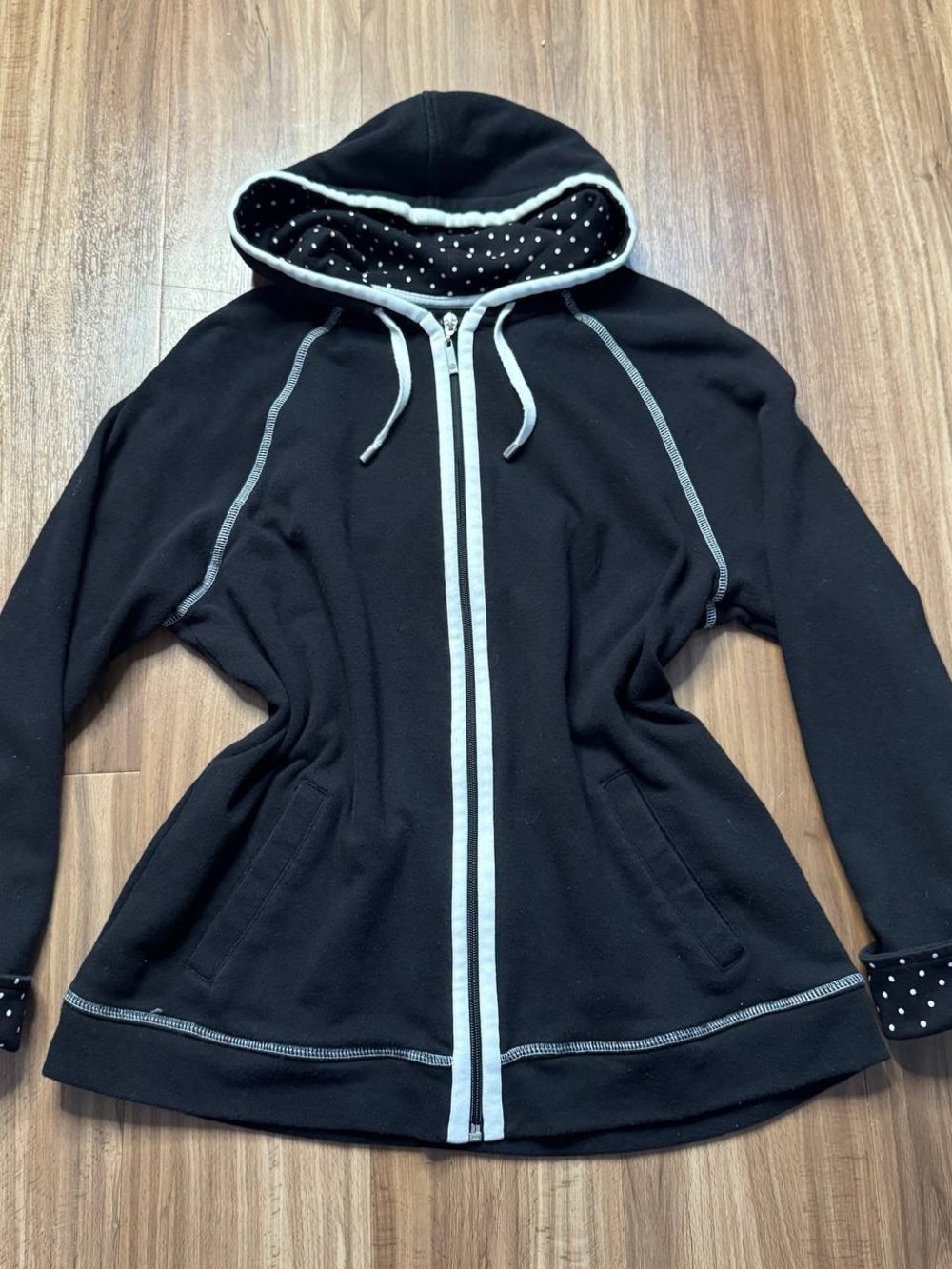 Alia Black Zip-Up Hoodie with Polka Dot Lined Hood
